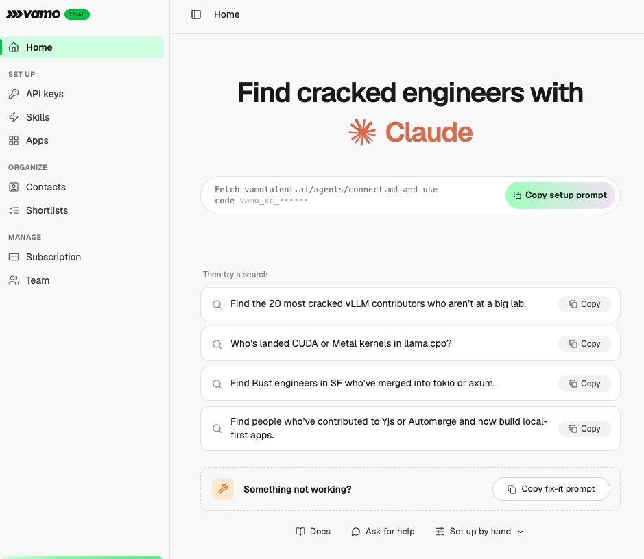 The Vamo Home page. Copy setup prompt is the green button.